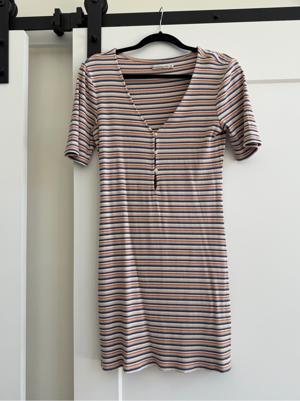 Abercrombie Ribbed Stripe Button-Front Short Sleeve mini Dress - Multi Stripe